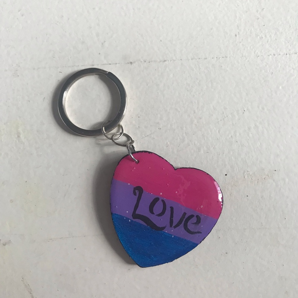 Heart Keychain with Love Text - Pink Purple Blue